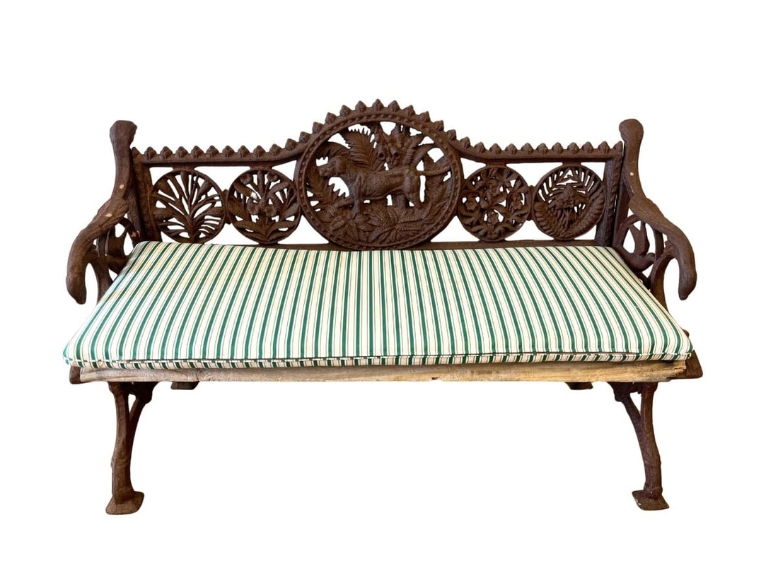 Hunting Dog Cast Iron Bench with Striped Cushion: 51in. w x 19.5in. d x 32in. h, Seat height: 19in.