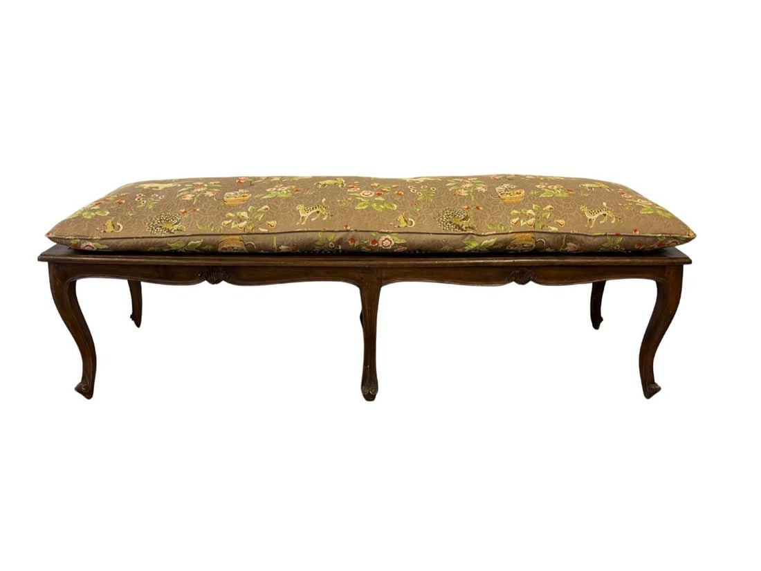 French Provincial Cane Six Leg Bench with Cushion: 60in w x 18.5in d x 16in h,Seat height with cushion is 19in