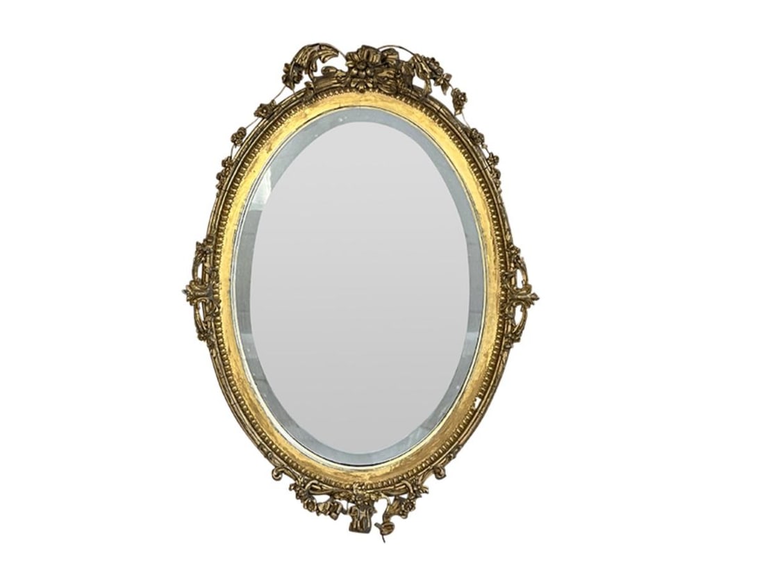 Antique French Gesso and Giltwood Oval Wall Mirror: 8.5in. w x 25.5in. h x 3.25in. d
