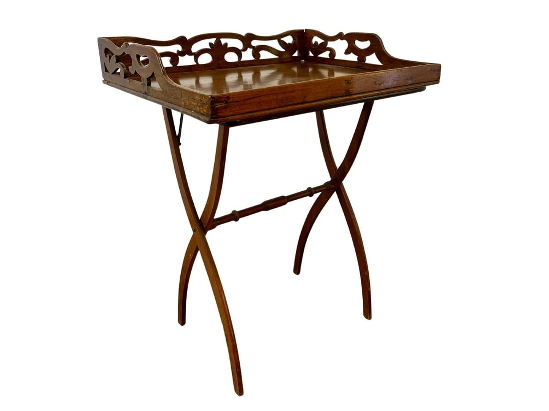 Antique Mahogany Folding Butler Table: overall 26.5in w x 20.25in d x 33.25in h, table 24in w x 18.5in d x 29in h, tray 26.5in w x 20.25in d x 4.25in h