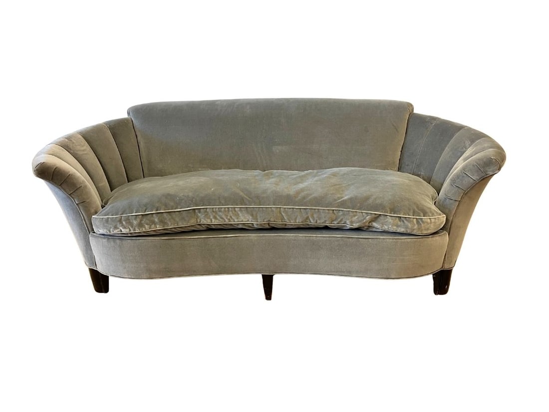 Mid-Century Modern Scandinavian Banana Sofa: 85in w x 33in d x 32in h, seat height 19in , arm height 28in