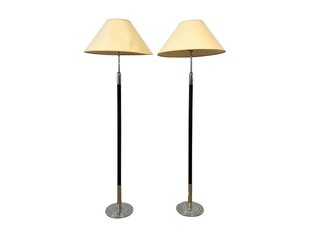Jaime Tresserra 'Hotel Arts' Silver Floor Lamps, Pair (Barcelona, 1943): overall 18in diameter x 54in h, base 8.25in diameter