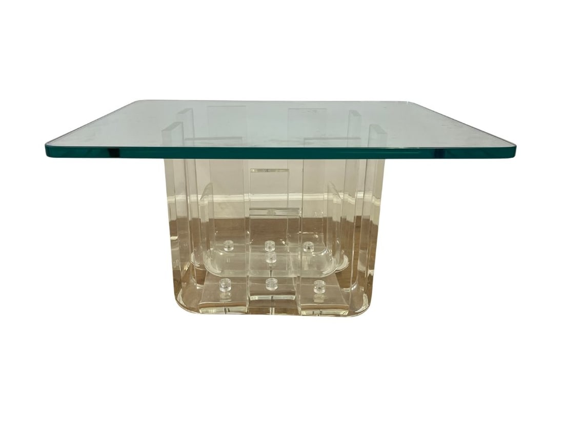 Glass Top Lucite Base Side Table: 30 in w x 24.5 in d x 16.375 in h