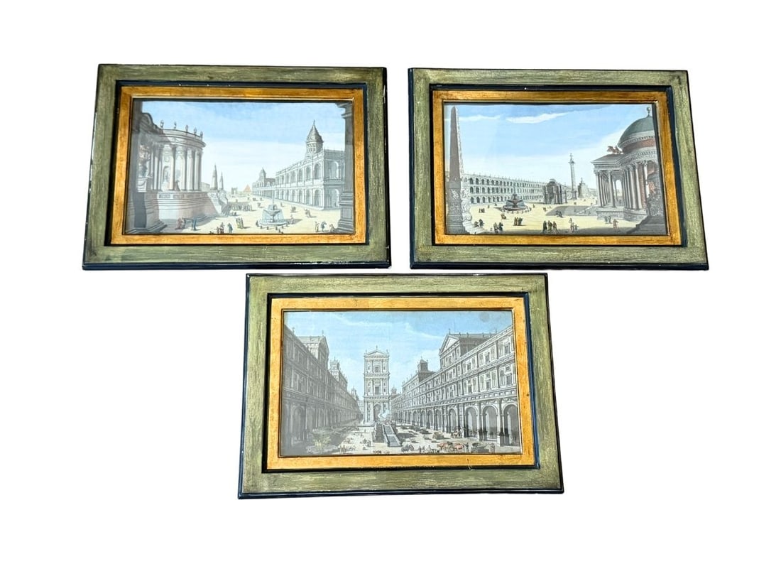 Veue D'Optique Paris Hand Colored Engravings, Set of 3: 2 at 20in w x 14.75 in h x 1in d, 1 at 19.5inw x 14in h x 1in d