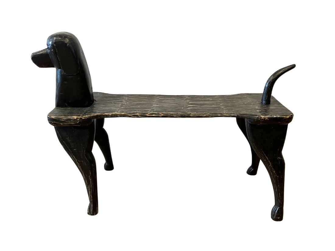 Hand Carved Folk Art Dog Bench in Style of Steven Huneck: 40in w x 11.5in d x 29in h, seat height 17.5in