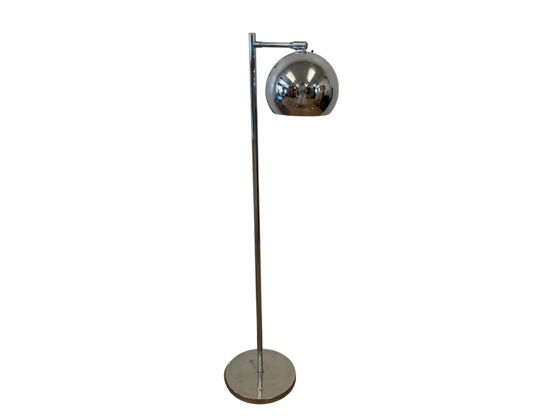 Mid-Century Modern Articulating Chrome Orb Floor Lamp: Base 10 in diameter x 46 in height. Overall width including arm 14.5 in wide. Dome measurement, 8 in diameter.