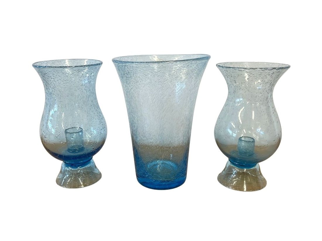 French Biot Bubble Glass Hurricane Candle Holders and Vase, Blue: Vase 10in diameter x 13.5in h, Hurricanes 7in diameter x 13in h