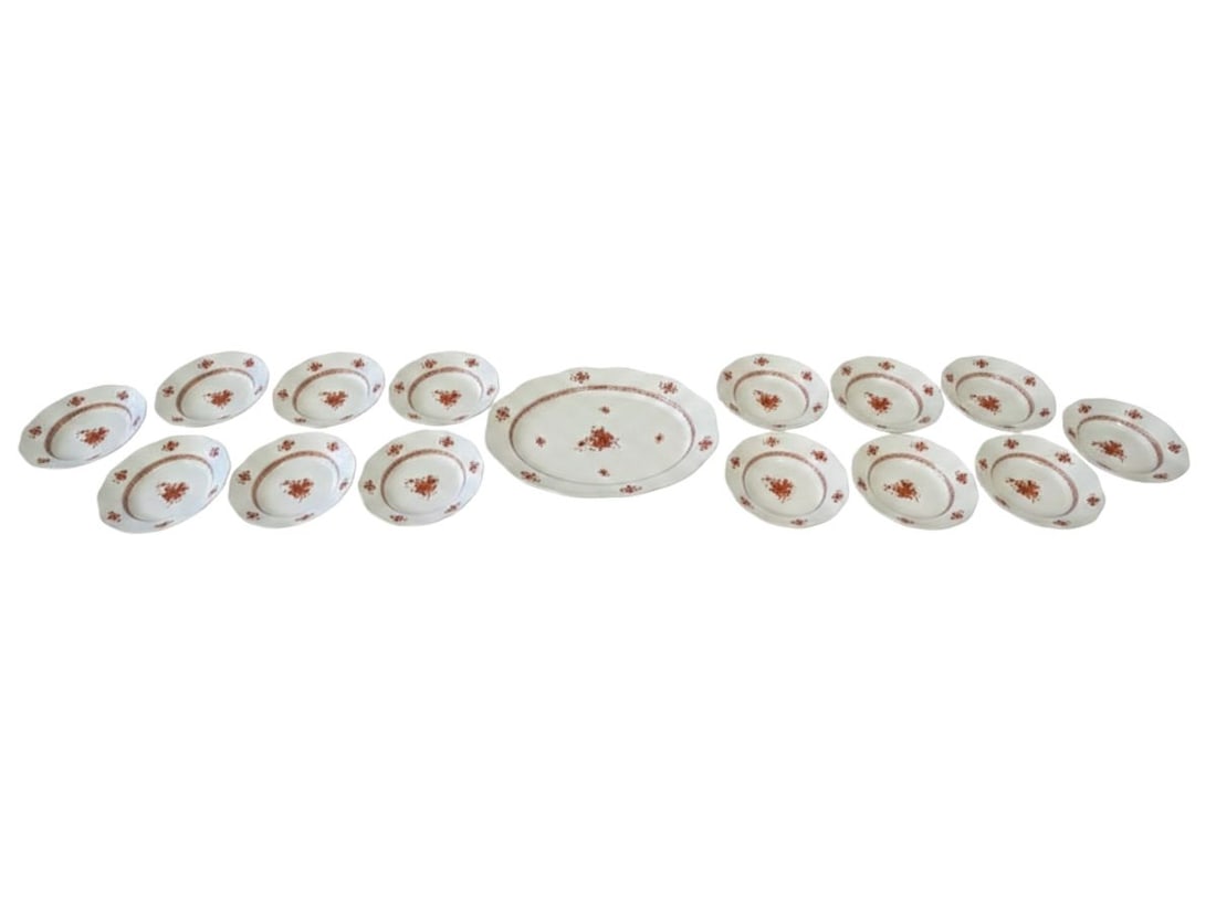 Herend Chinese Bouquet Collection in Rust, 17 Pieces: Soup Bowls (14) : 8in diameter, Platter (1) :16in w x 12in d x 1.5in h, Salt and Pepper Shakers: 1.5in diameter x 2.5in h