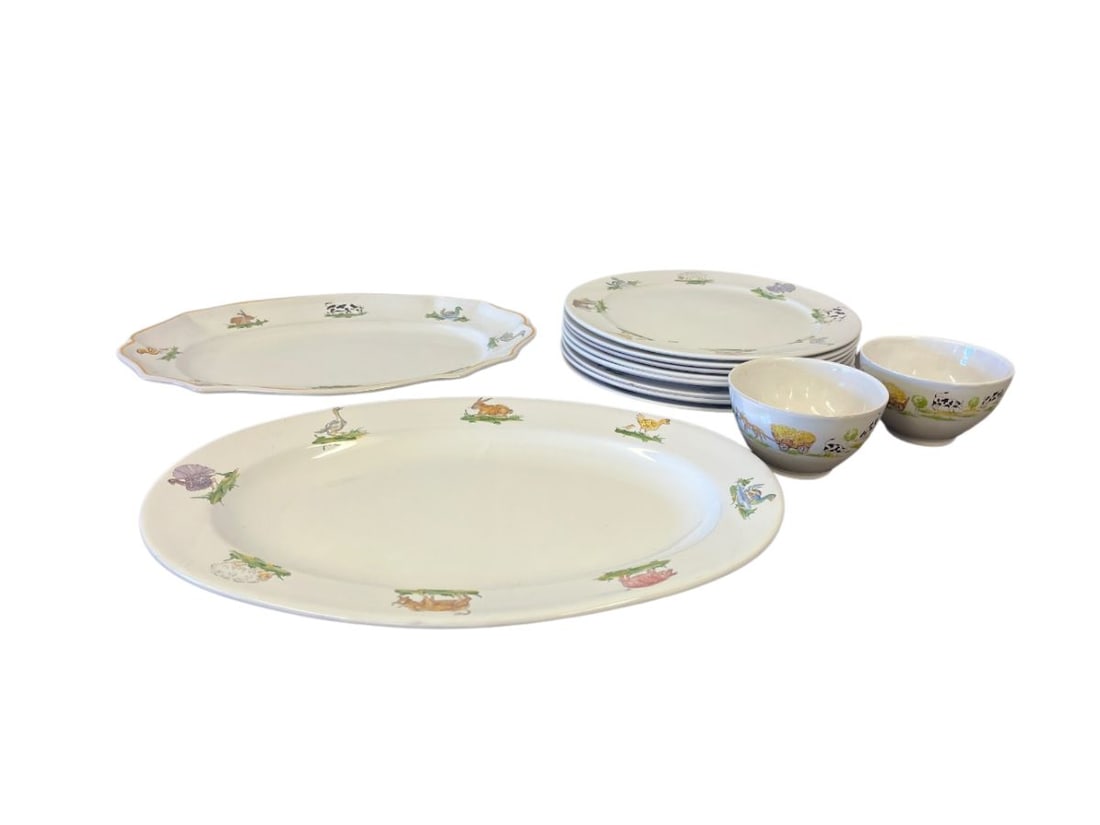 Vintage Moustier Faience Soleil Tableware: Scalloped server 17.5in w x 13in d x 1.5in h, chargers 12.75in diameter, bowls 5in diameter x 3.25in h