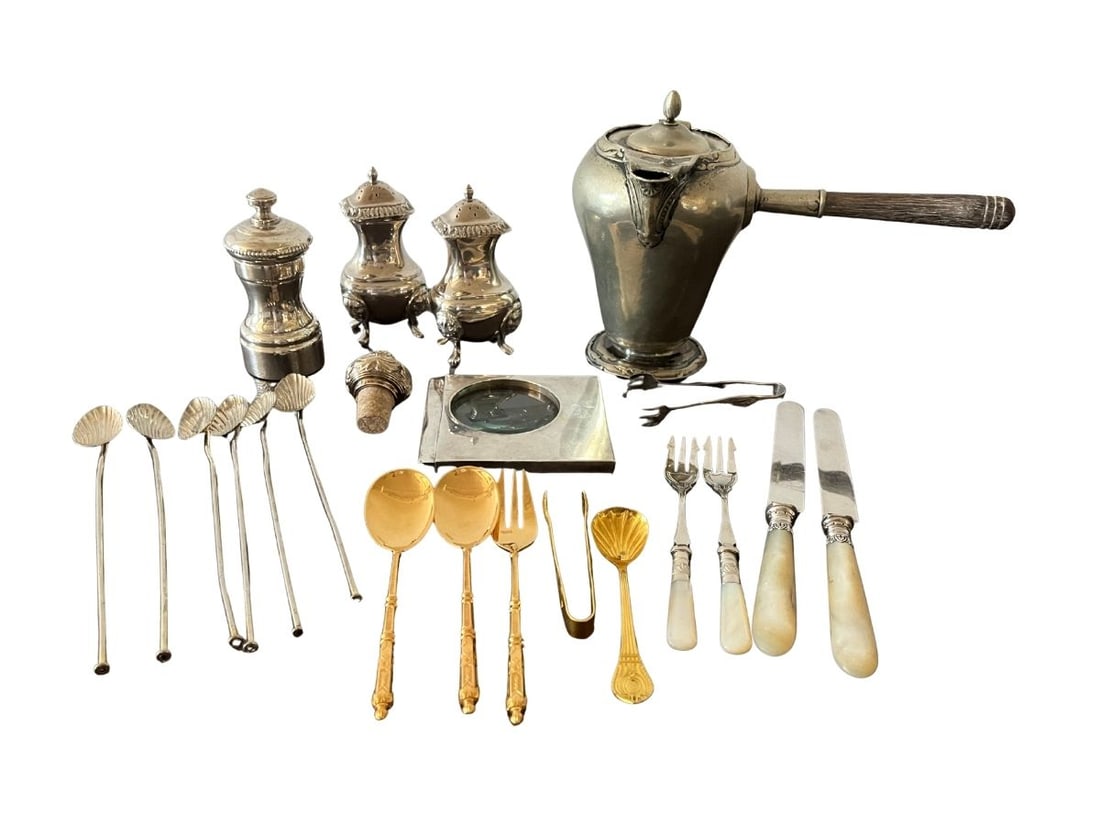 Collection incl. Christofle Magnifier, Christofle Wine Stopper & Waldorf Astoria Chocolate Pot: Christofle Magnifying Glass: 4 in l x 4 in w x .5 in d. Christofle Wine Stopper: 1.5 in diameter x 2 in h. Vintage Italian Iced Tea Spoons: 7.75 in l x 1 in w. Waldorf Astoria Hot Chocolate Pot: 5.5 i
