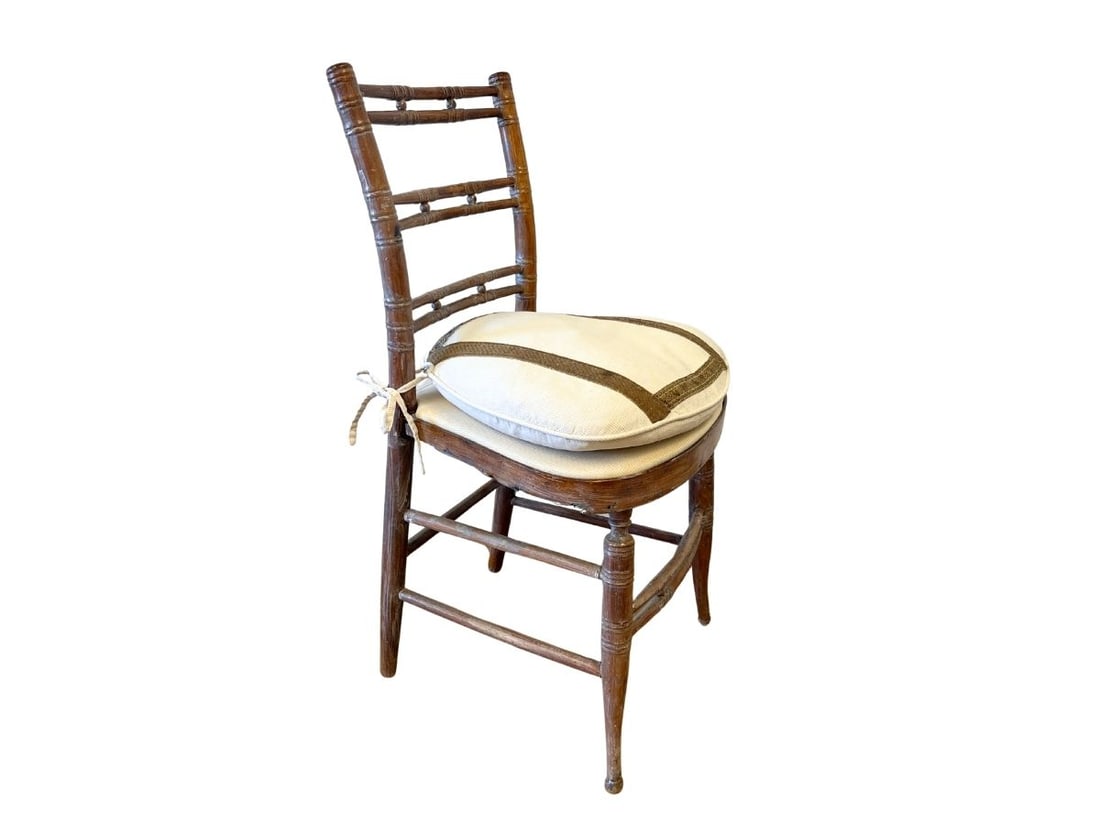 Faux Bamboo Sheraton Style Chair with Cushion: 18in w x 17in d x 34in h, seat height 20in