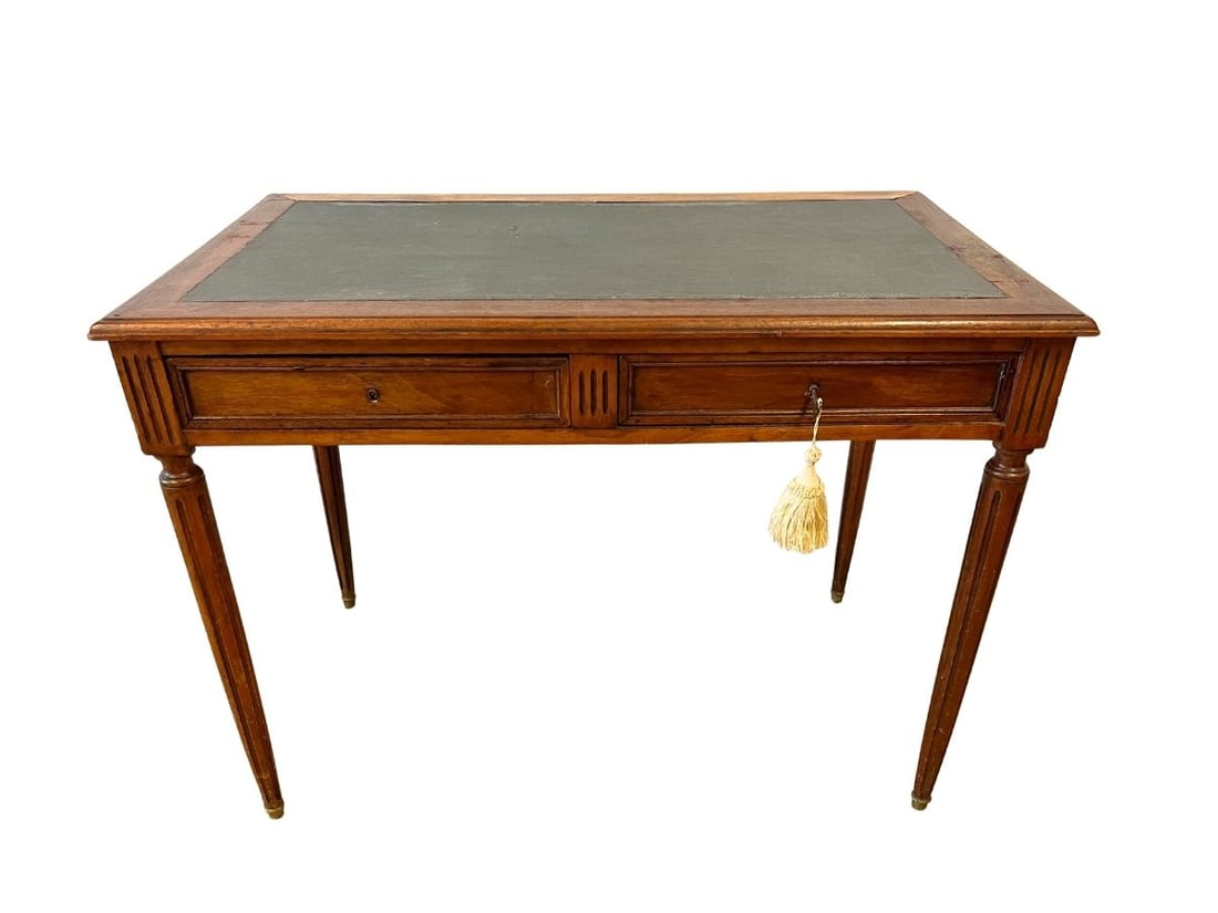 Antique Leather Top Writing Table: 39.25in w x 23.5in d x 29in h