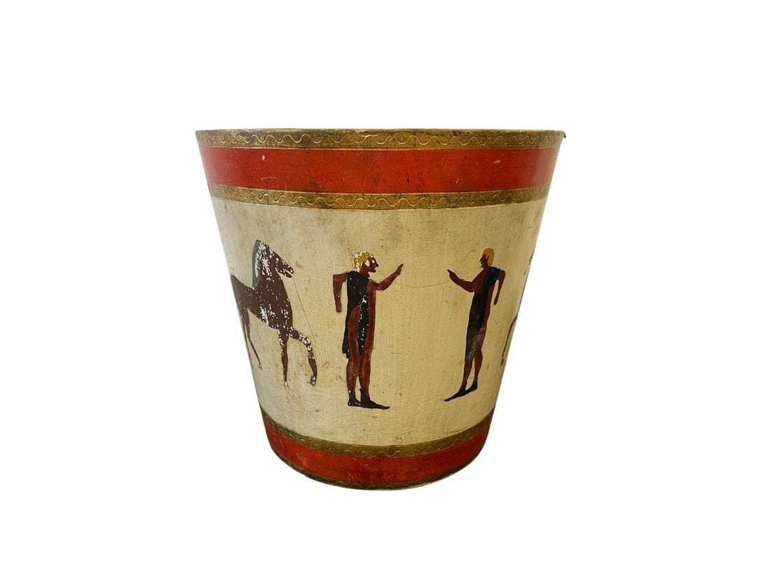 Greek Motif Wooden Waste Bin: 11.25 in diameter x 10.75 in h.