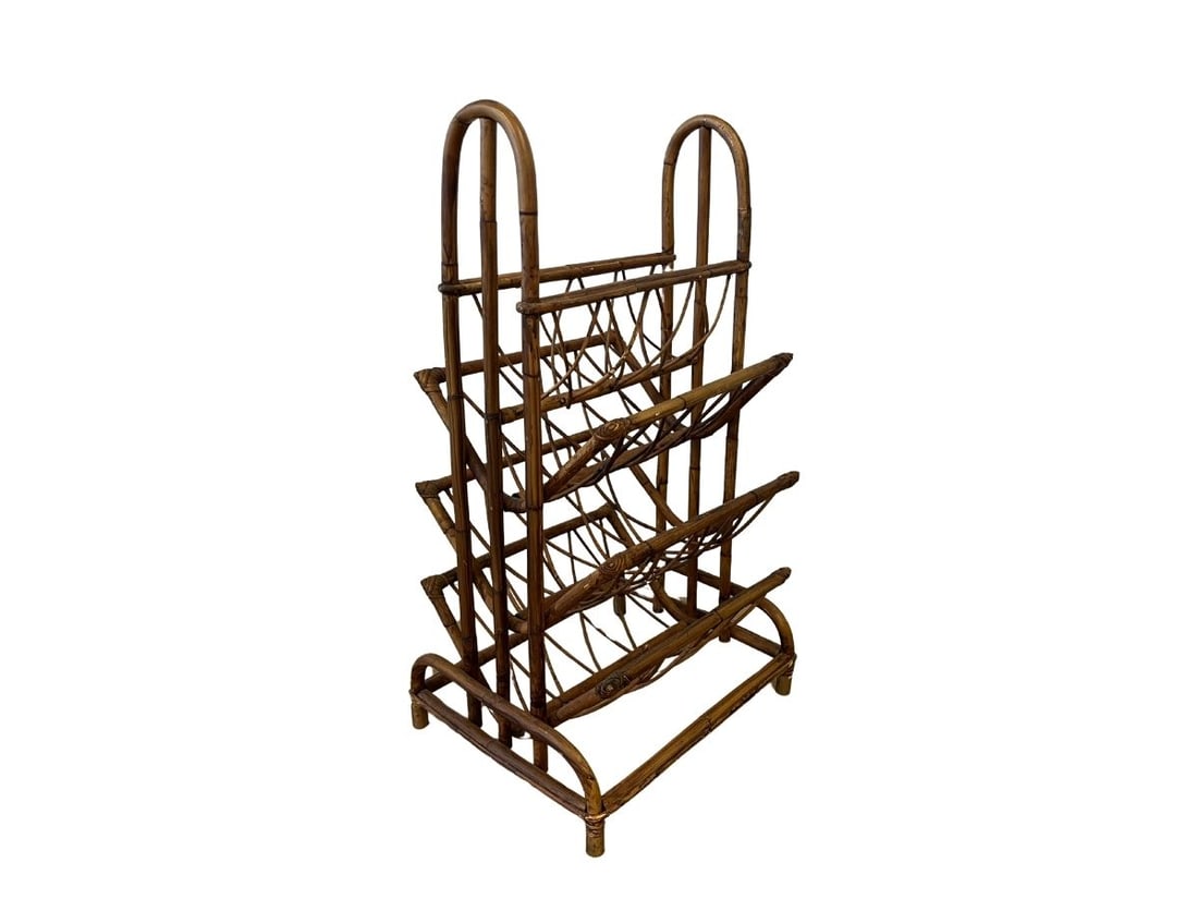 Vintage Wicker Rattan Multi Tier Newspaper Stand Magazine Rack: 20.25 in w x 16.5 in d x 36.5 in h