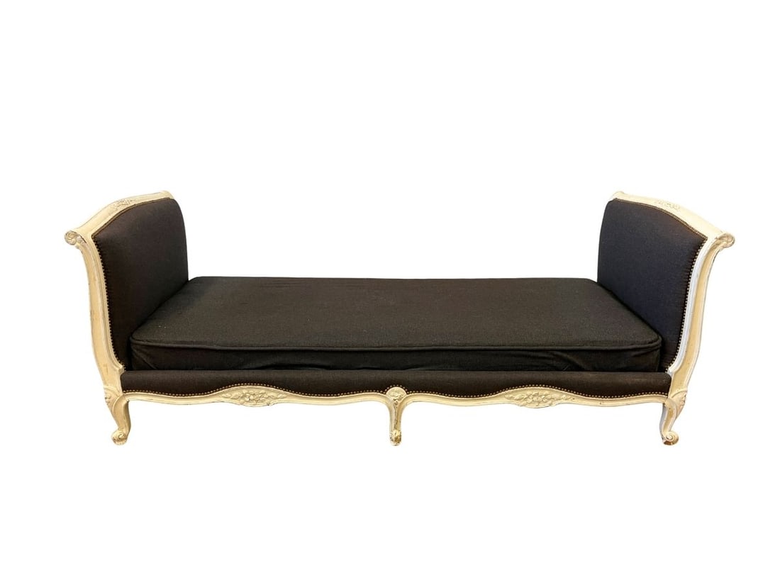 Louis XV Style Painted Daybed with Grey Upholstery: 85in w x 31.5in d x 32.5in h, seat height 16in
