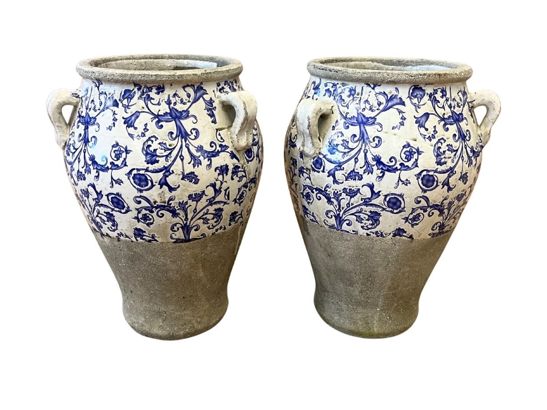 Antique Glazed Blue and White Earthenware Vases, Pair: 9.5in diameter x 13in h