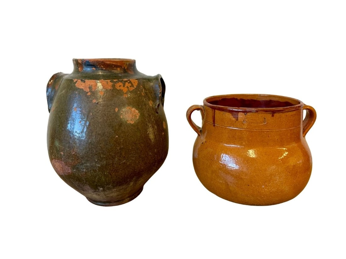 Antique Green and Brown Stoneware Vessel and Stamped French Confit Pot: Green 10in diameter x 13in h, Ochre 10.5in diameter x 9in h