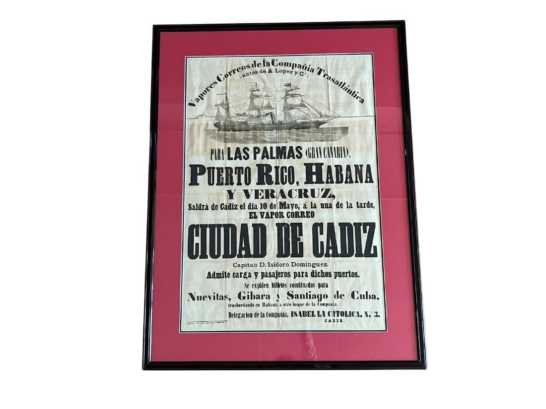19th C Compania Transatlantica Framed Shipping Poster - SS Ciudad de Cadiz (1 of 7)