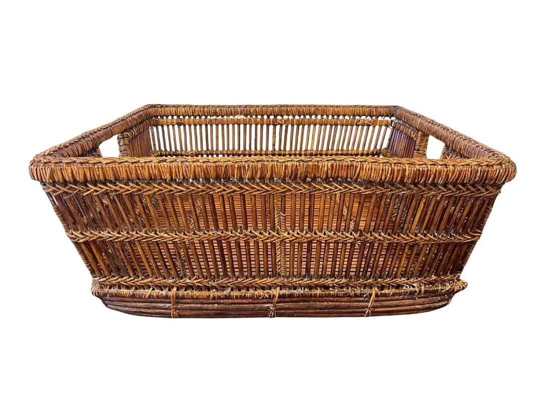 Rectangular Reed Basket with Braided Trim: 22 in w x 18.5 d x 9 in h.