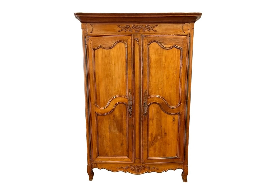 Antique French Louis XV Style Armoire: Overall: 61 in w x 27 in d x 87.5 in h. Without the crown: 84 in h x 25 in d