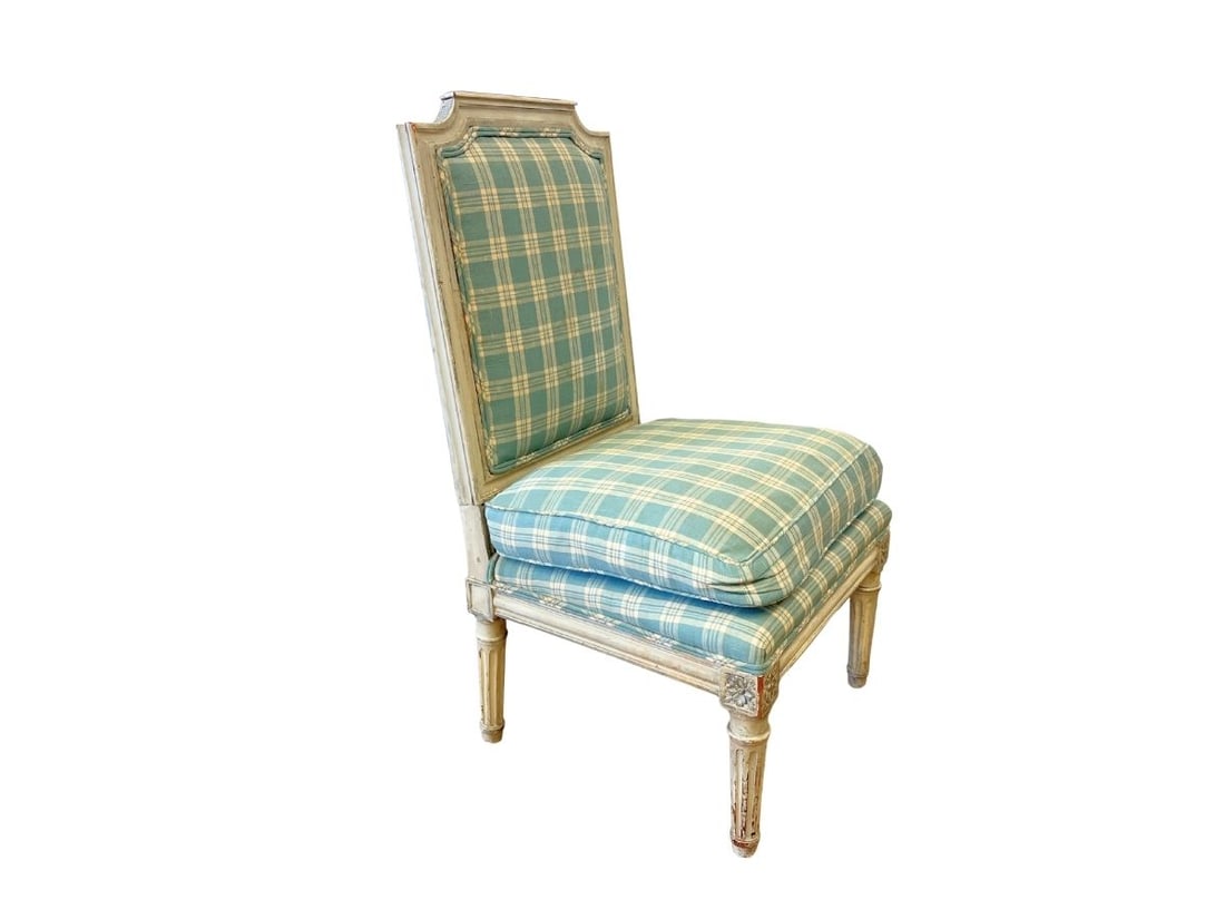 Louis XVI Style Blue Check Fireside Chair / Chauffeuse: 18in w x 17in d x 32in h, seat height 15in