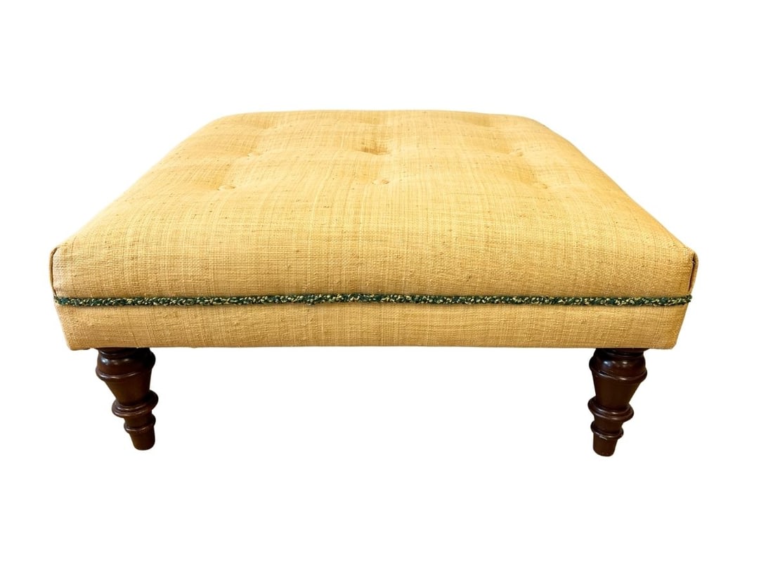 Raffia Ottoman with Green Trim: 35in square x 16.5in h