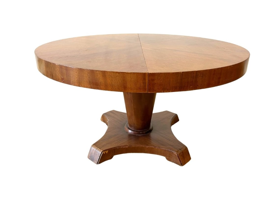 Vintage Swedish Adjustable Dining/Cocktail Table: 35.25in diameter x 19in. h, extended height 28 in, with leaves 62.75 in w x 35.25 in d x 19 in h