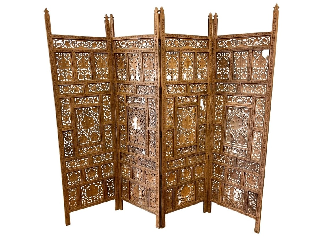 Carved Indian Teak Room Divider: 80in w x 71.25in h x 1in d, each panel measures 20in w