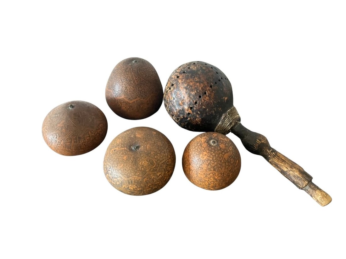Vintage Peruvian Story Gourds and Maraca, One Gourd Signed Guillermo Osnos: Maraca, 4 in diameter x 10.75 in long. Smallest 2.5 in diameter x 2.5 in high.