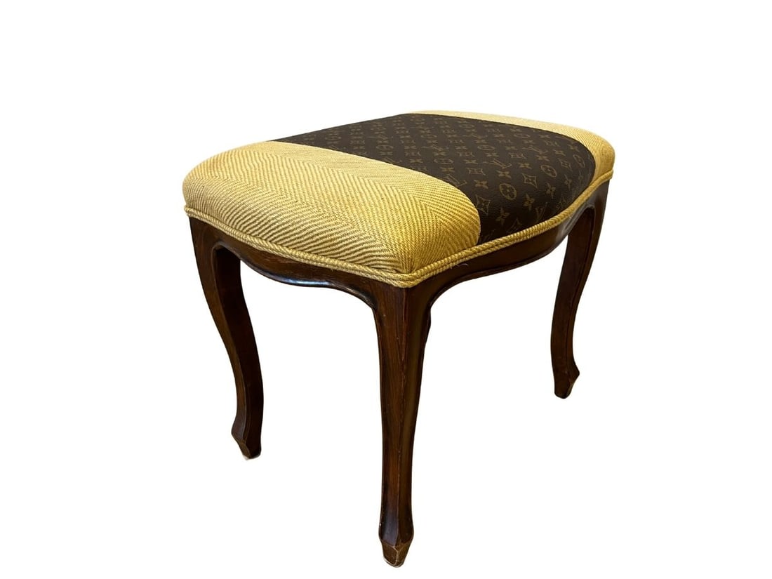 Upholstered Stool with Louis Vuitton Inset: 20in w x 15.25in d x 16in h