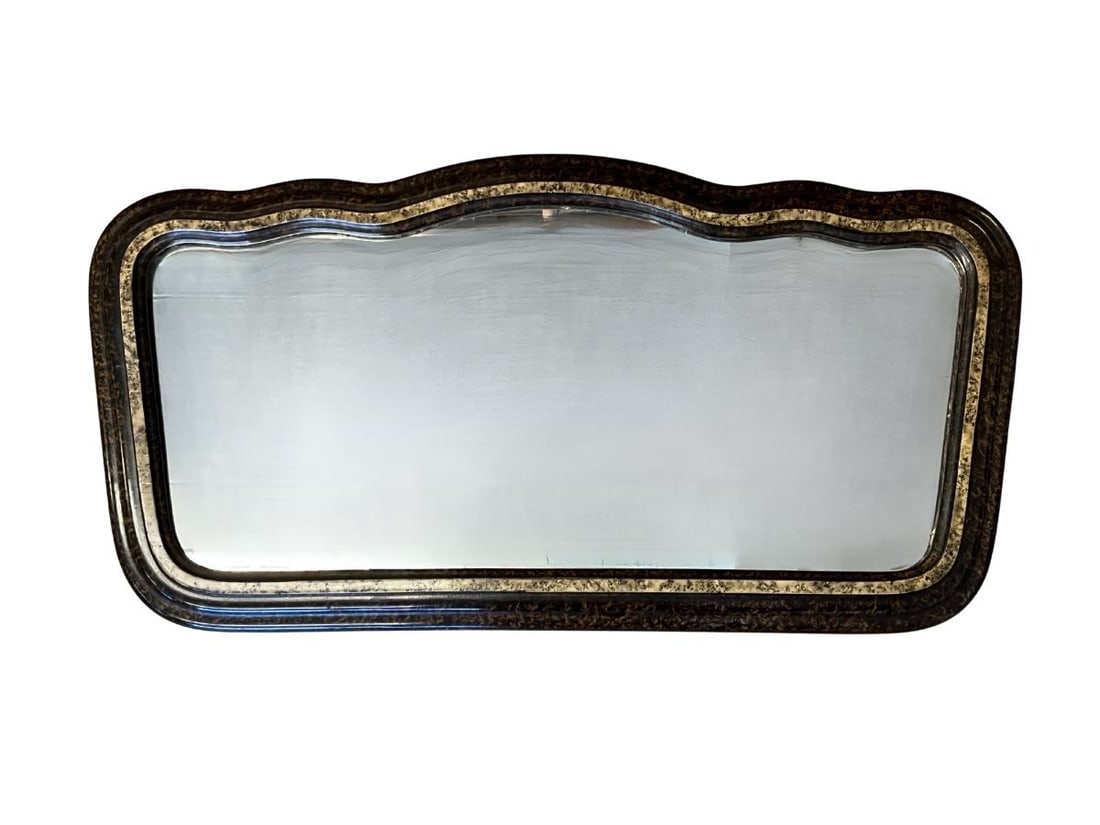 Unique Ebonized and Gilded Mirror: 34in w x 18in h x 1in d