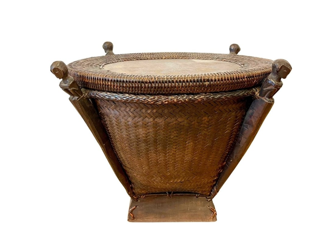 Vintage Thai Rice Basket Table with Wood Fetishes: 27.5 in diameter x 19.75 in htop 22.75 in diameter