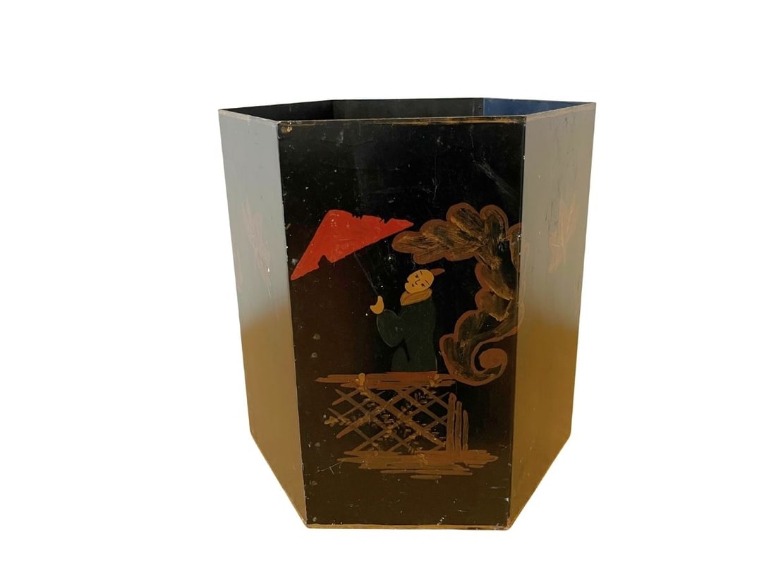Vintage Hand Painted Metal Wastebasket: 12in w x 12in d x 12in h