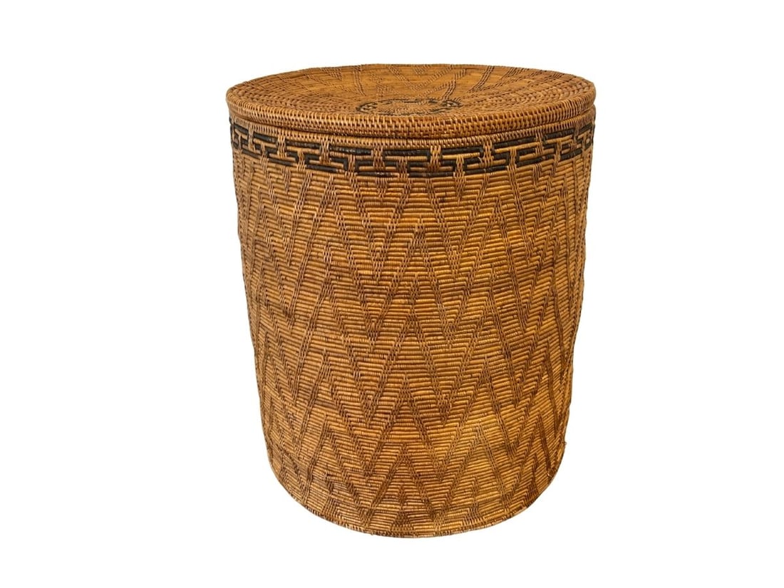 Wicker Basket Hamper with Greek Key Design: 16in diameter x 19in h