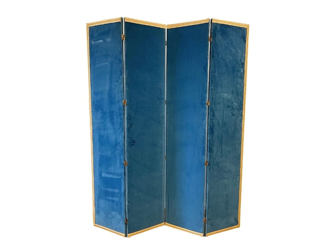 Four Panel Room Divider in Blue Velvet: Total: 73.5 w x 86.5 in h x 1 in d. 18 in w for a single panel.