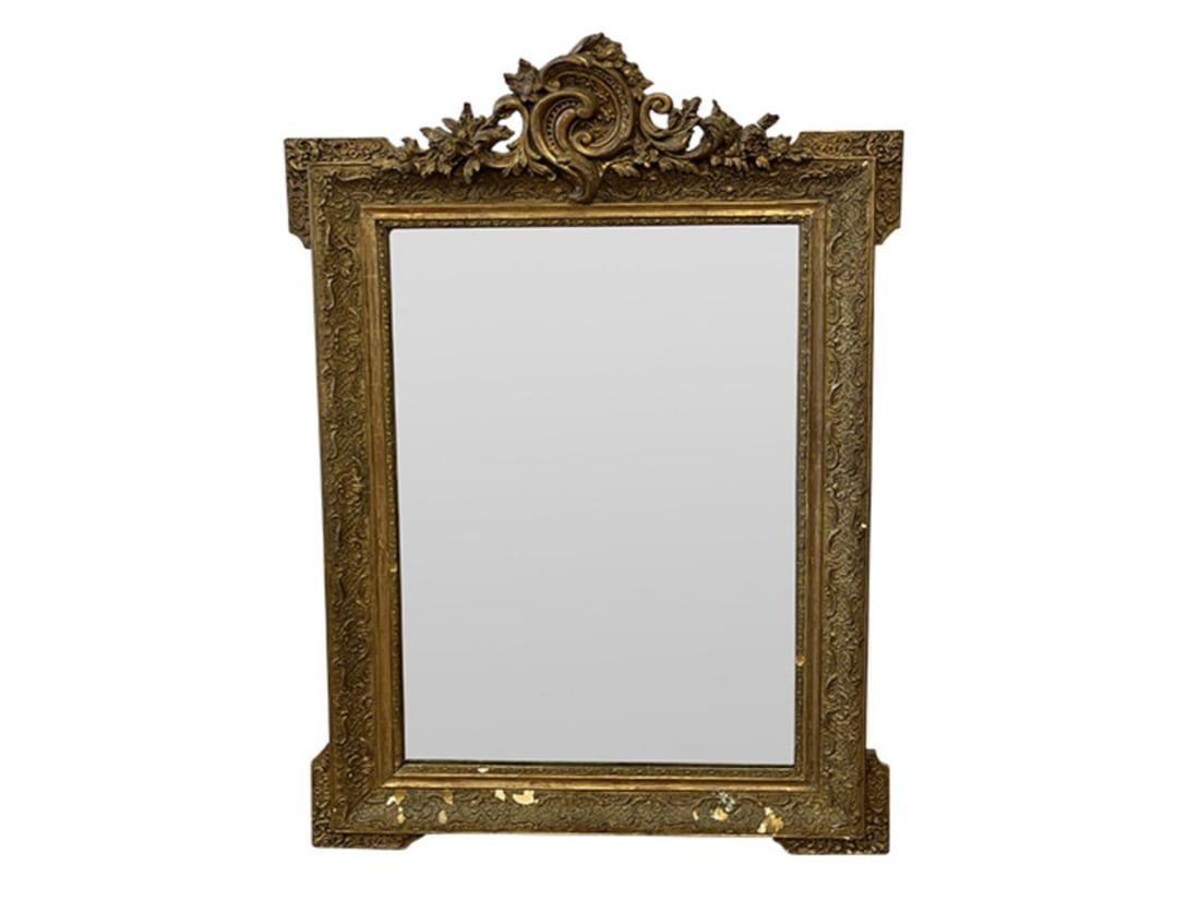 Large French Gilt Mirror: 32.25 w x 48.25 in h x 4 in d (at the cornice)
