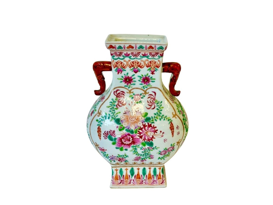 Vintage Rose Medallion Double Ear Vase: 7.5in 2 x 4in d x 11.25in h