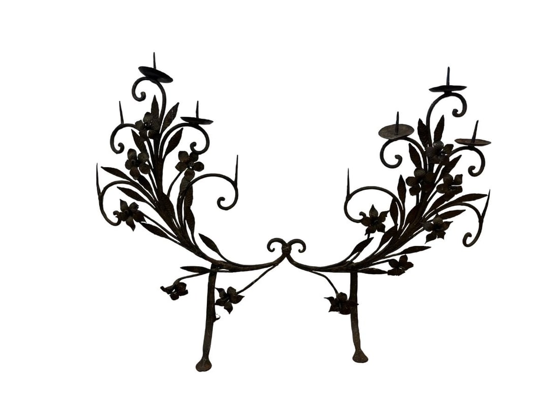 Wrought Iron Candelabra Centerpiece with Floral Motif: 31.5 in w x 8 in d x 23.5 in h.