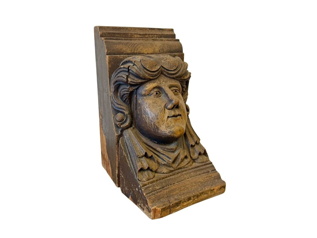 Antique Carved Figural Corbel: 9in w x 13in d x 16.5in h