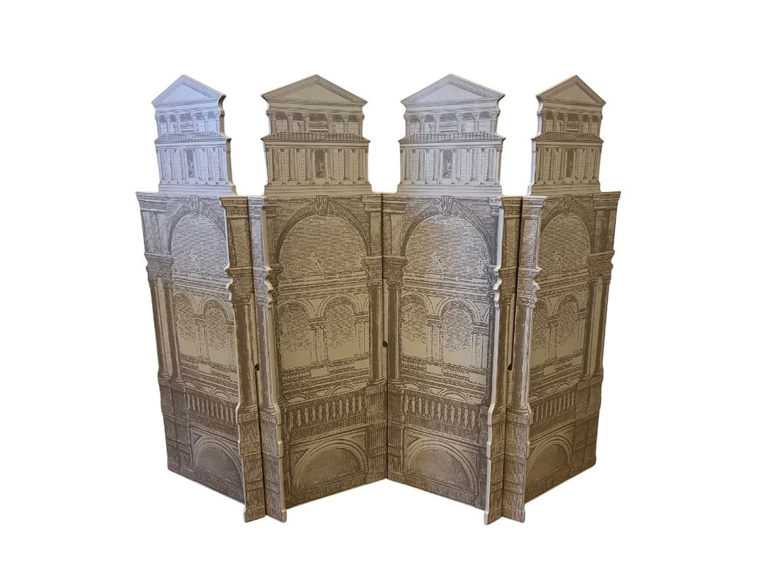 Petite Room Divider in the Style of Piero Fornasetti: 49in w x .5in d x 41in h, each panel 18in w x .5in d