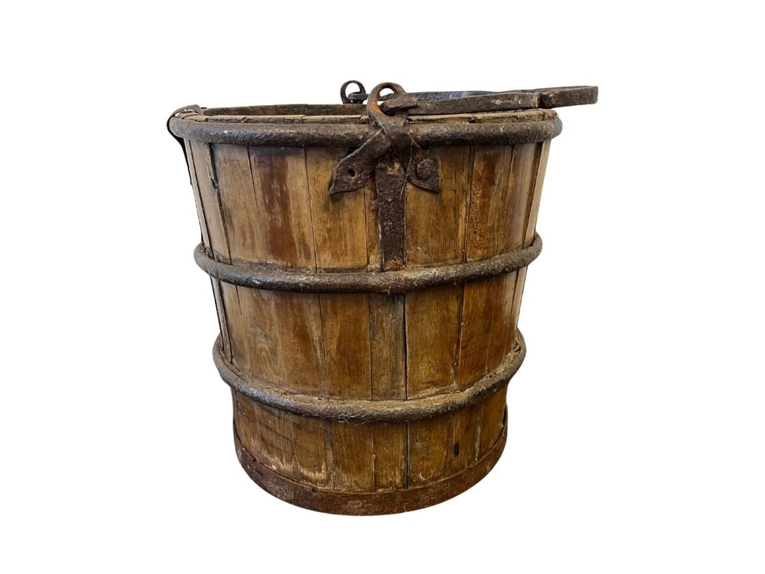 Antique Iron Clad Bucket: 14in diameter x 14in h