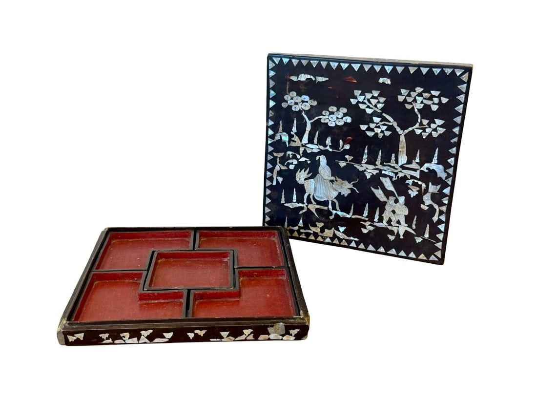 Mother-of-Pearl Inlaid Asian Jewelry Box: 11in w x 11in d x 2in h