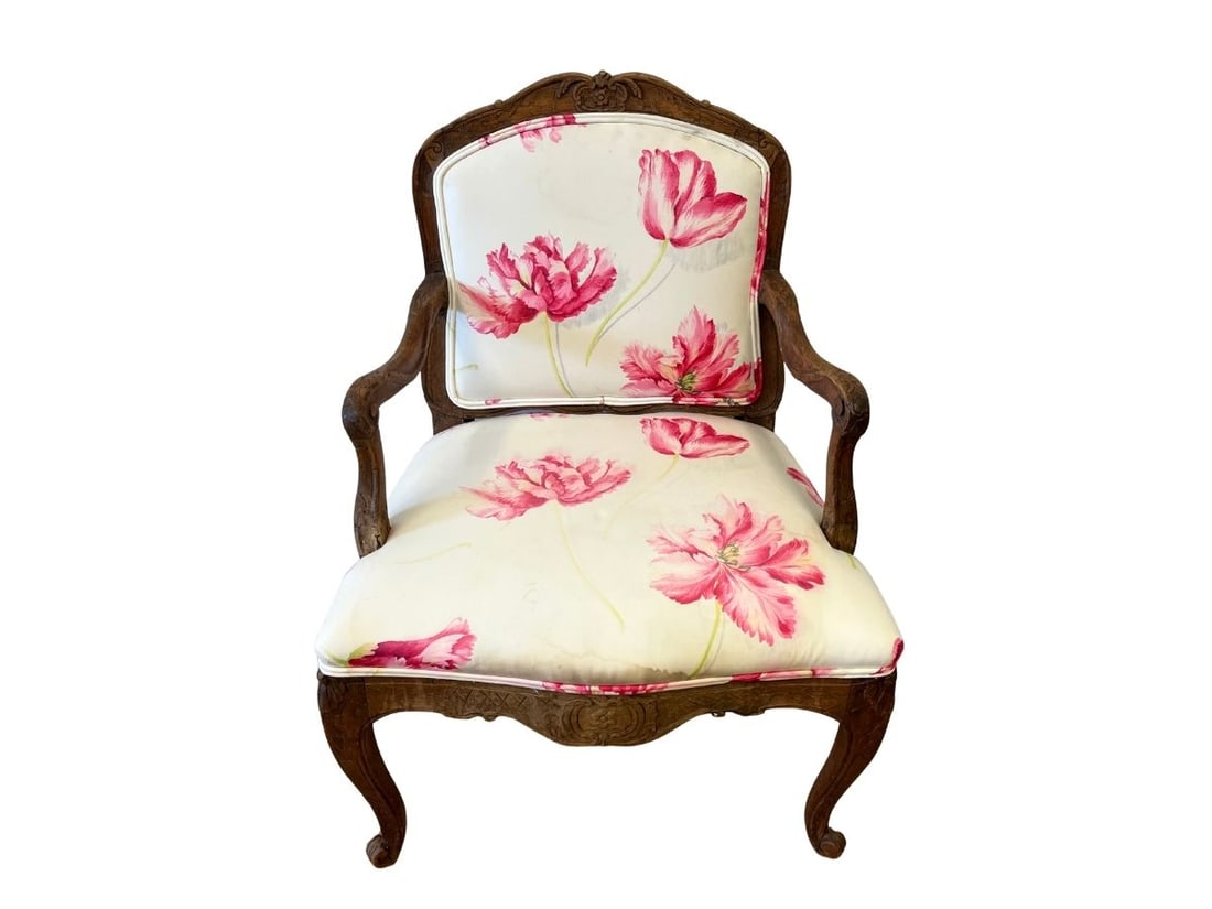 Custom Upholstered Antique Bergere: 26.5in w x 24.5in d x 37in h, seat height 19in , arm height 26in