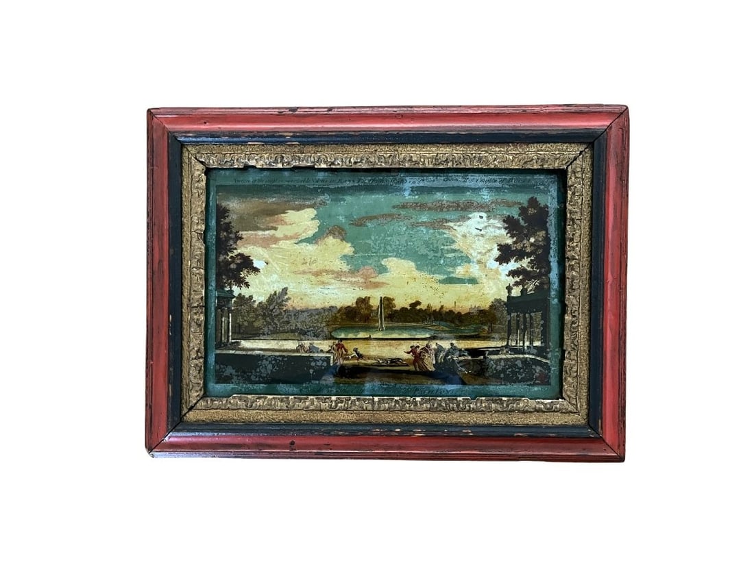 Reverse Painted Fountain Scene, Framed, Twelve of the most remarkable views in Earl Temples Gardens: 14.75in w x 11in h x 1in d