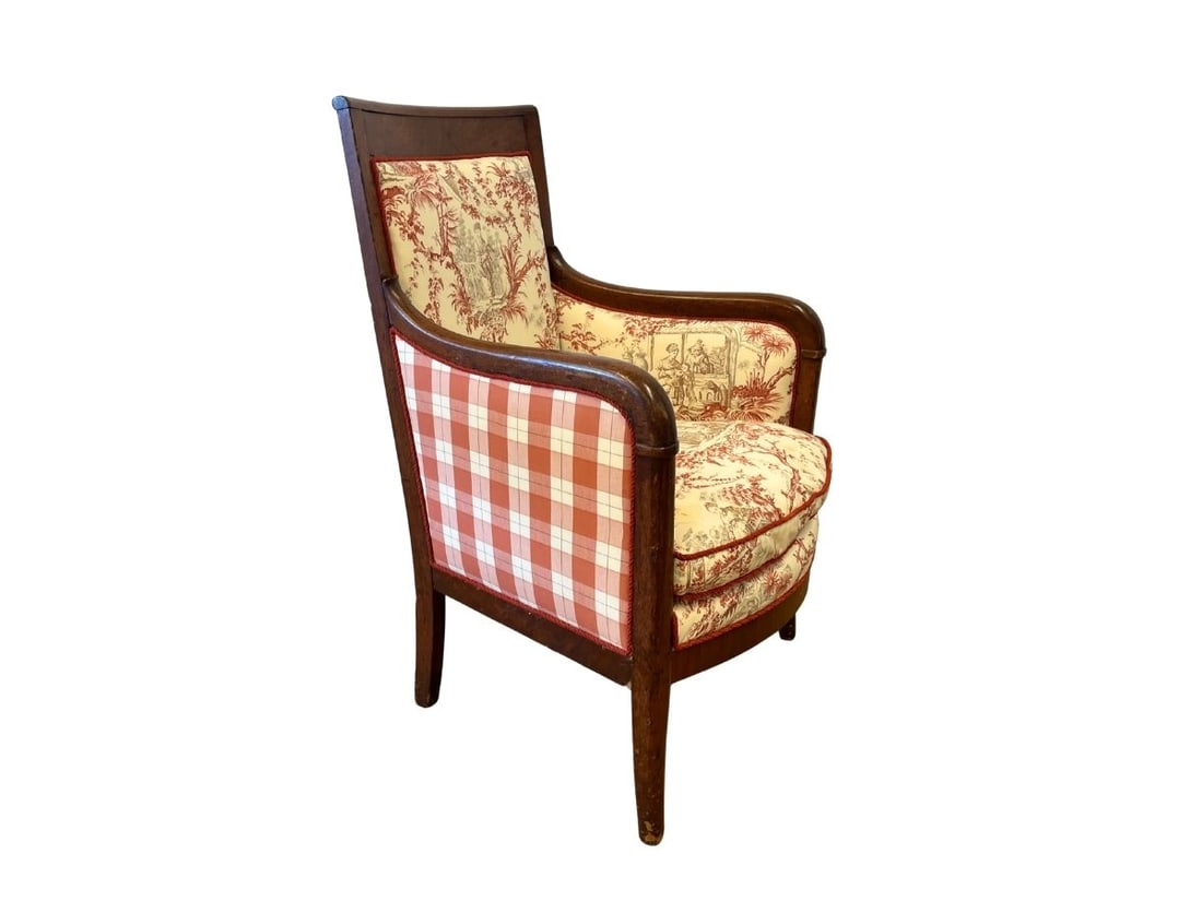 Antique Wood and Upholstered Armchair: 23.25in w x 24in d x 34in h, seat height 18in, arm height 23.5in