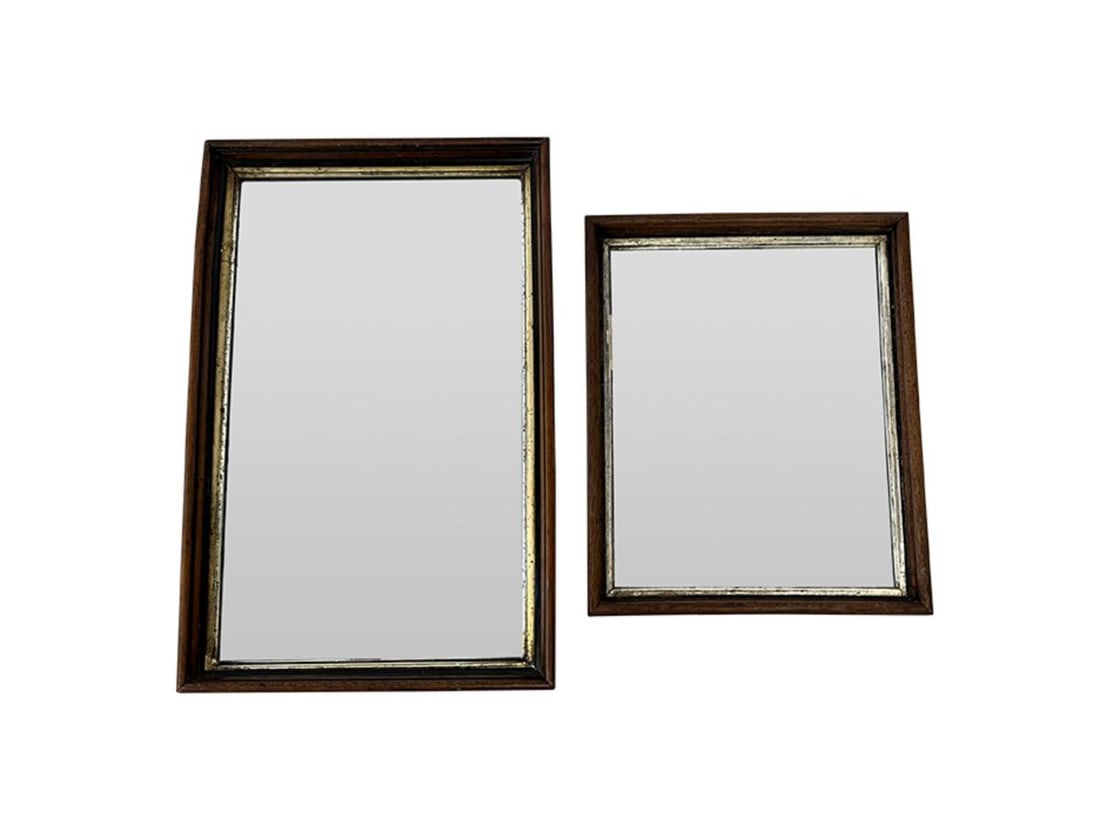 Antique Wood Mirrors with Gilt Inlay, Set of Two: large 14in w x 22in l x 2in d, small 13in w x 16in l x 1.75in d