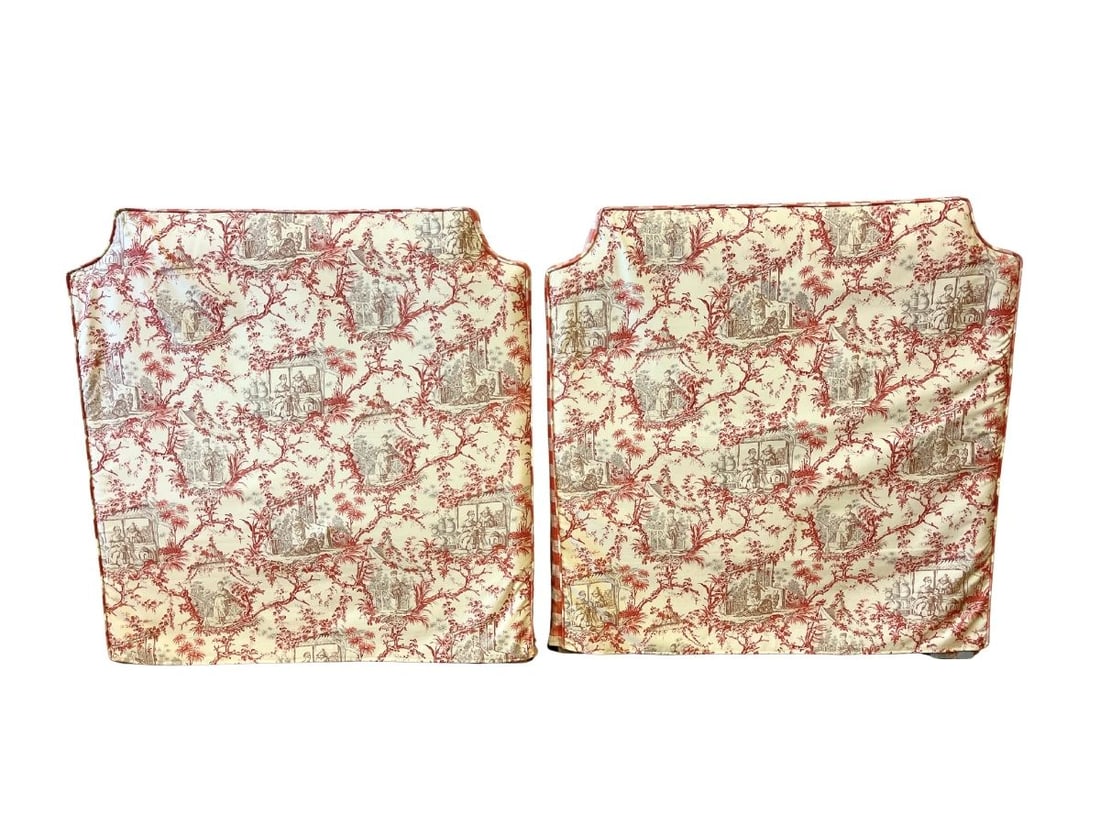 Custom Slipcovered Toile Twin Headboards with Bedskirts, Pair: 43in w x 45in h x 3in d, twin bed skirts with a drop of 14.75in