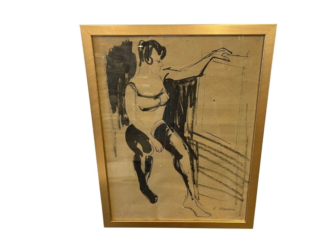 Ink Figure Drawing by artist E. Shedden: 17in w x 21.75in h x .75in d