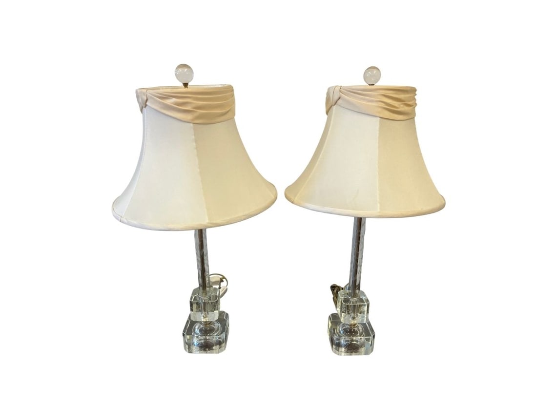 Etched Glass Lamps, Pair: overall 12in diameter x 24in h, base 3.5in w x 3.5in d