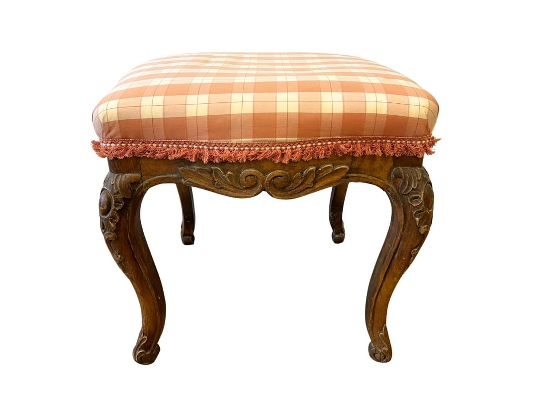 French Style Tabouret in Check with Fringe Trim: 21in square x 20in h